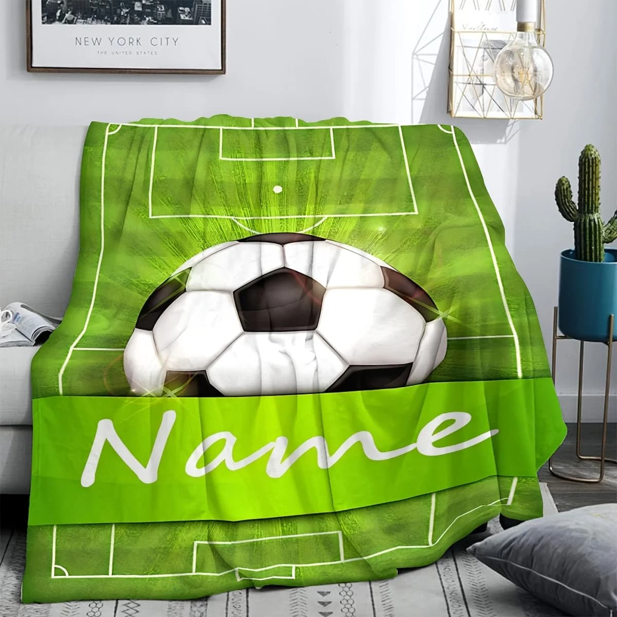 Custom Soccer Field Fleece Blanket Personalized Name Sports Print Throw Soft Warm All Season Bedding Gift for Football Fans
