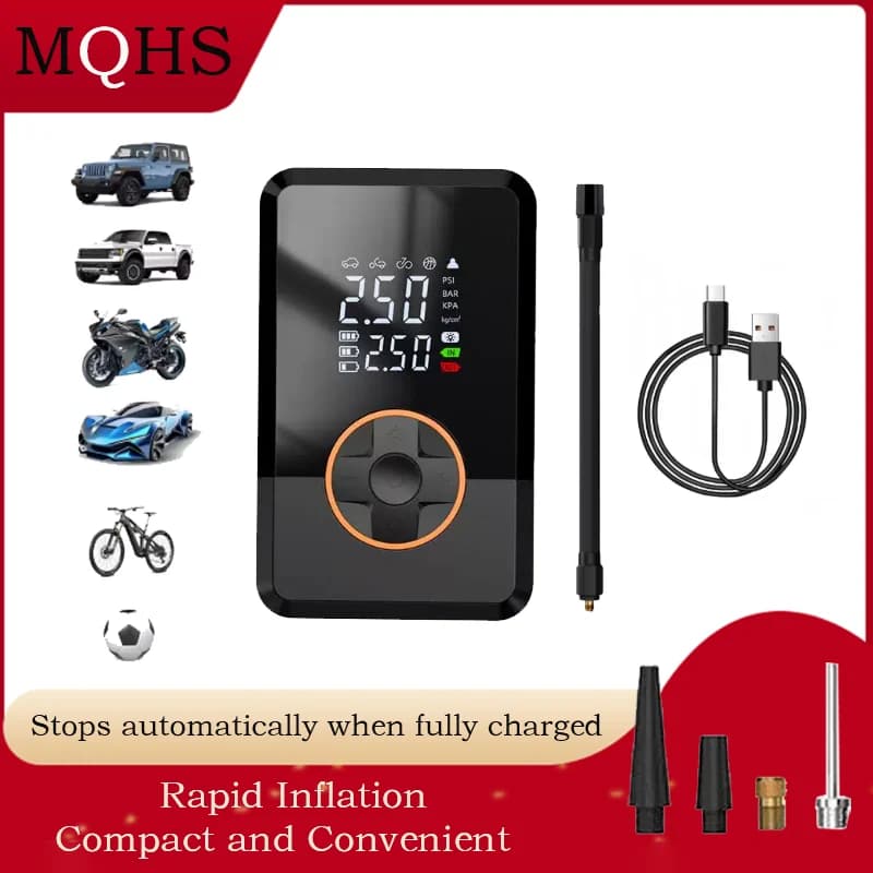 MQHS Electric Air Pump Rechargeable High Precision Car Tyre Inflator LCD Display Portable Air Pump for Car Motorcycle Bike Ball