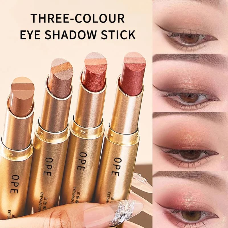 A shimmering three-color eyeshadow stick that is waterproof and sweatproof, with vibrant colors and excellent brightening effect