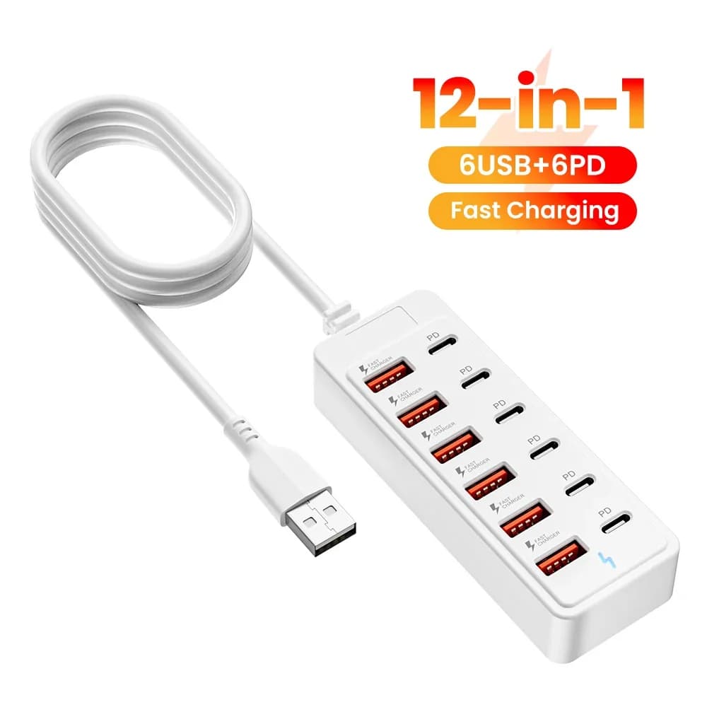 12Ports USB Splitter Socket Data Transfer Converter Type C Fast Charger USB C Docking Station Phone QC 3.0 Fast Charging Plug