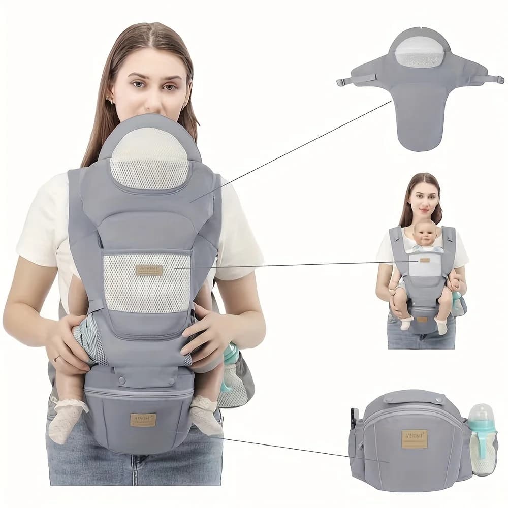 4-in-1 Spring Baby Travel Carrier: Features adjustable carrying positions and a detachable hip seat. Suitable for ages newborn t