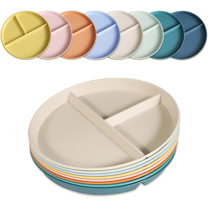 8Pcs Set Wheat Straw Divided Plate Ins Round 3 Compartment Weight Loss Food Portion Tray Microwave Safe Plastic Separate Plate