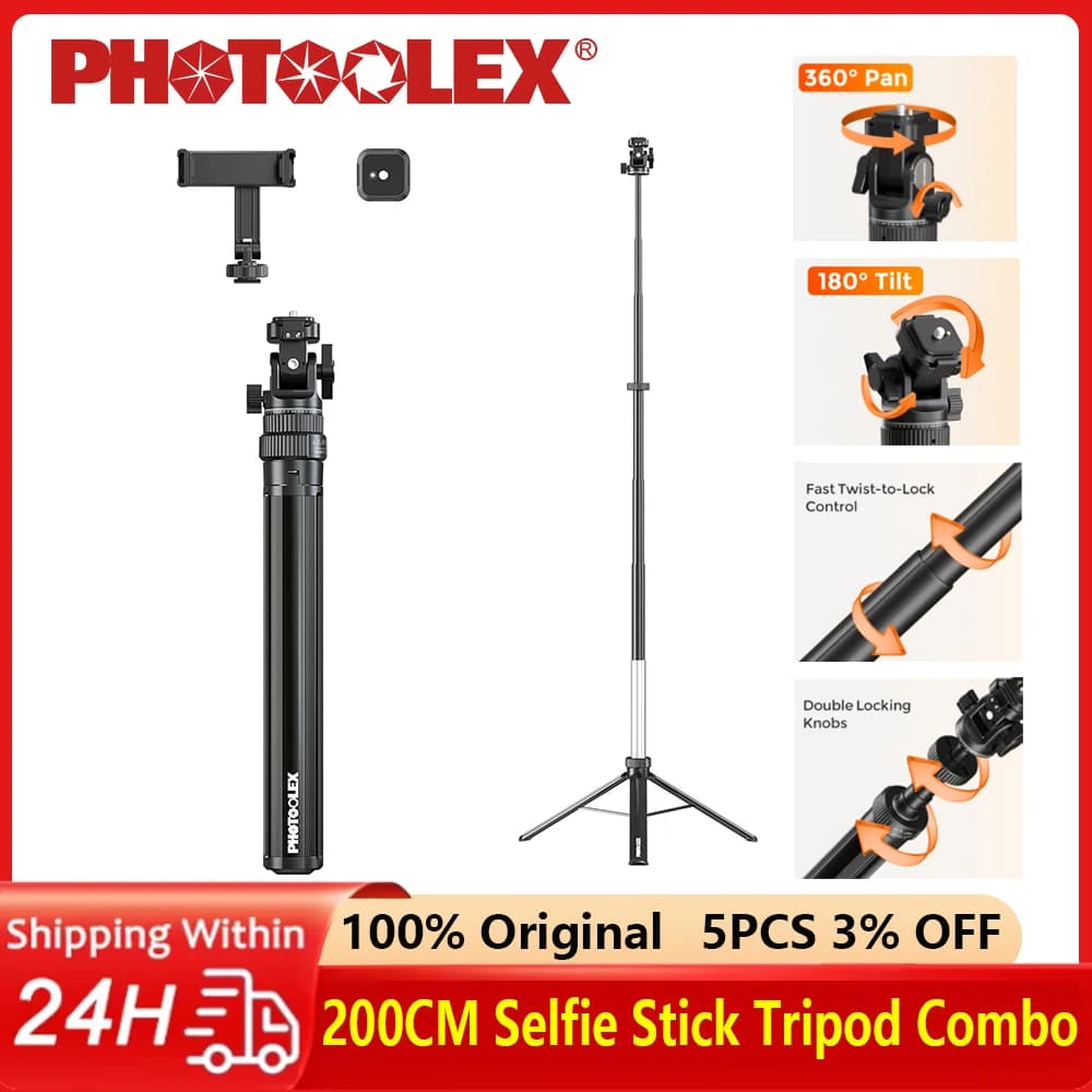 PHOTOOLEX 360 ° Bastone Selfie Rotante Portatile con Apertura Automatica, Treppiede Regolabile in Lega Metallica da 200 cm per Fotocamera e Supporto per Flash