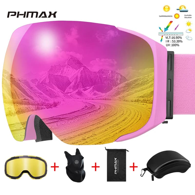PHMAX Pro Occhiali da sci UV400 Occhiali antiappannamento Lenti magnetiche Visione notturna Lenti gialle Sport all'aria aperta Snowboard Grandi occhiali da neve
