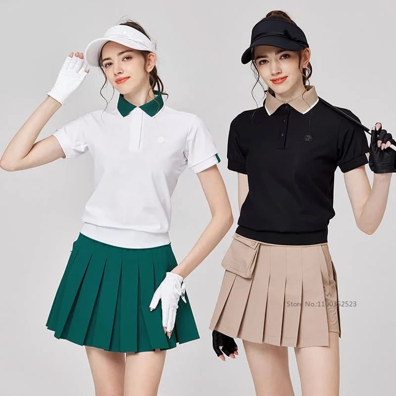 Magliette da golf estive BG da donna a maniche corte con risvolto, camicia ampia, gonna a vita alta con pieghe, maglia da tennis, gonne da golf da donna