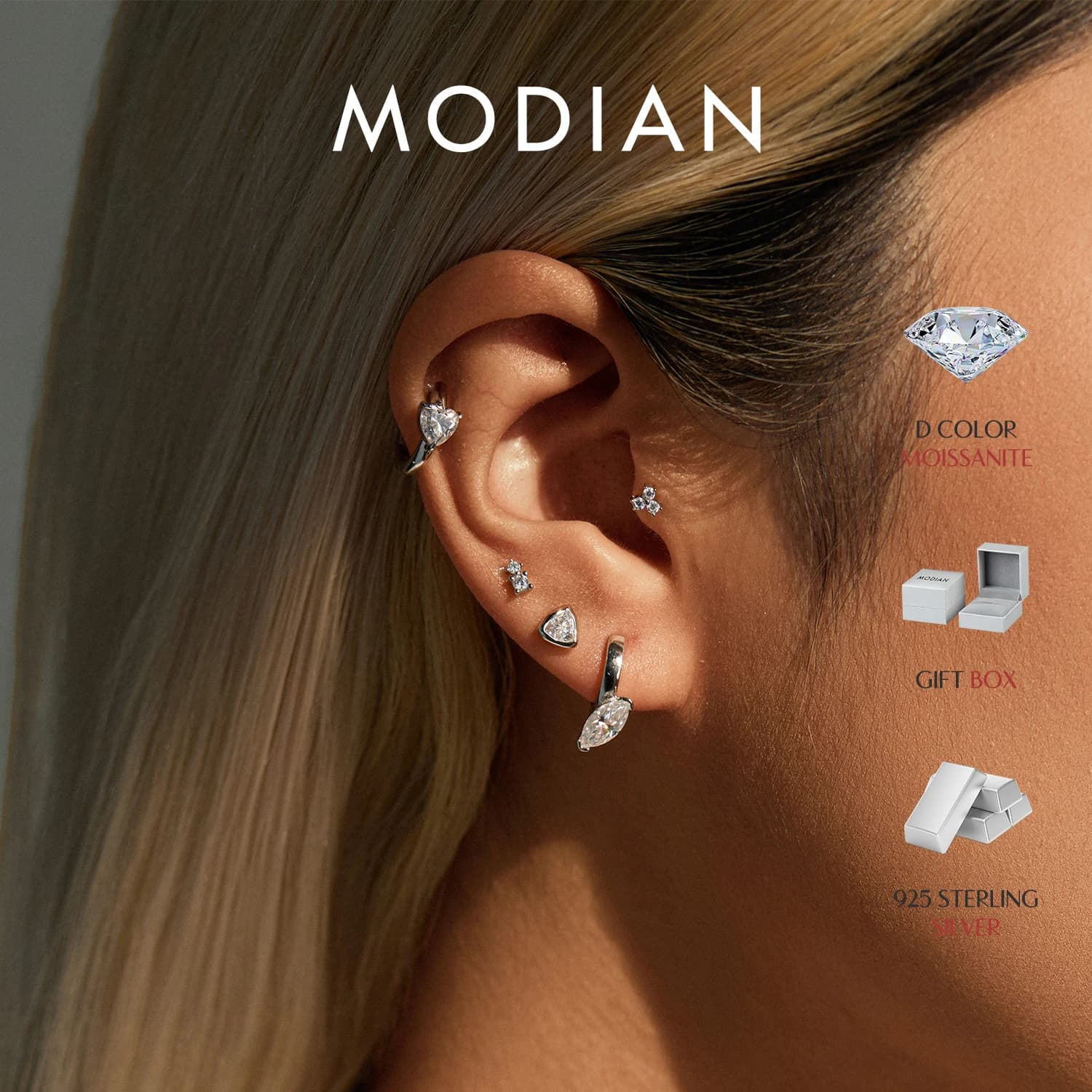 Orecchini a perno MODIAN in moissanite con cuore triangolare impilabile in argento sterling 925, con chiusura a vite, per uomo e donna, gioielli raffinati