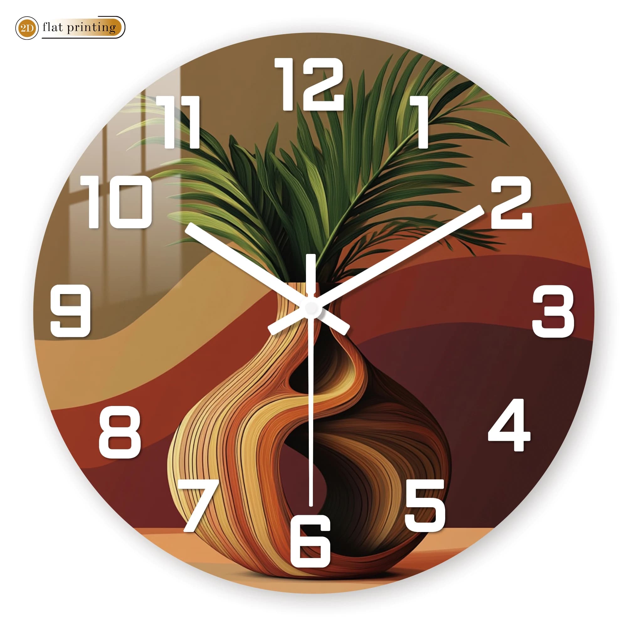 Vaso attorcigliato astratto con orologio da parete con pianta verde, arredamento per interni moderno, design decorativo con movimento al quarzo silenzioso