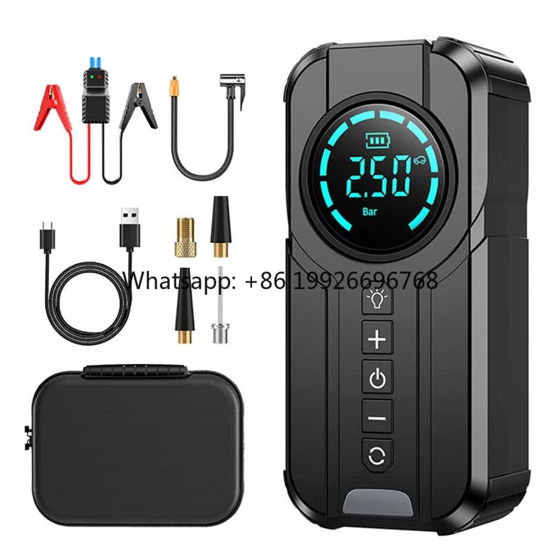 Powerbank Digital Multifunction 4 in 1 Professional from 6000 mAh with Car Charger, Starting Cable and Pneumatic Inflator