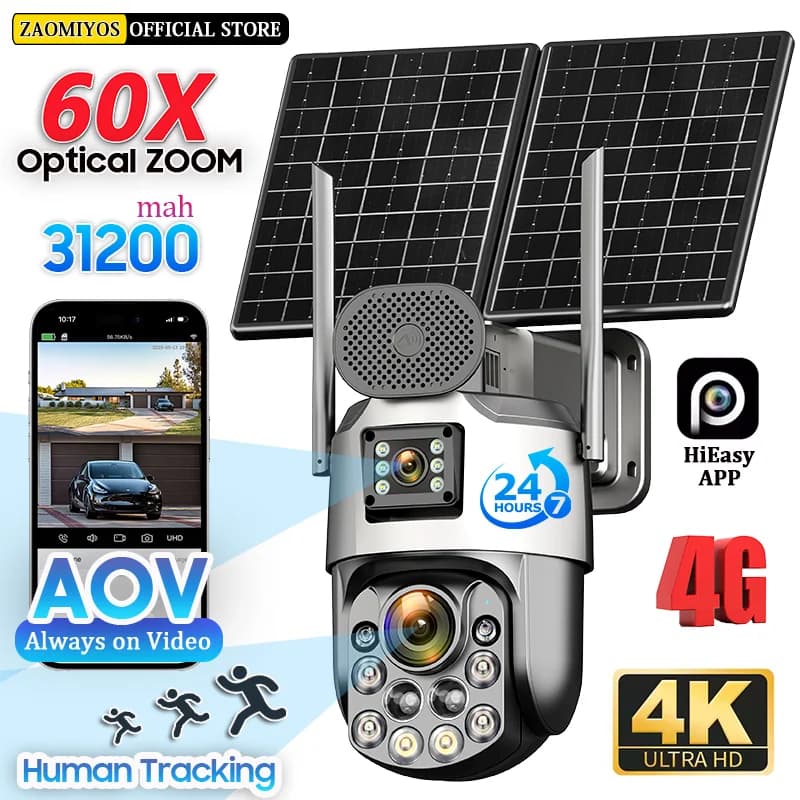 Telecamera Solare di Sorveglianza Esterna/Domestica a Doppia Lente con Zoom Ottico 60X, Tracciamento Umano, SIM 4G, AOV, Batteria 31200 mAh, Registrazione 24/7