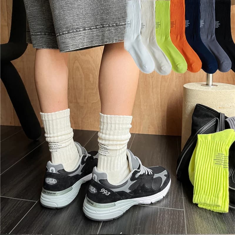 Men's sports socks with letter Vintage mid-tube socks with bottom towel socks by pair thickened solid Japanese knitted sports socks