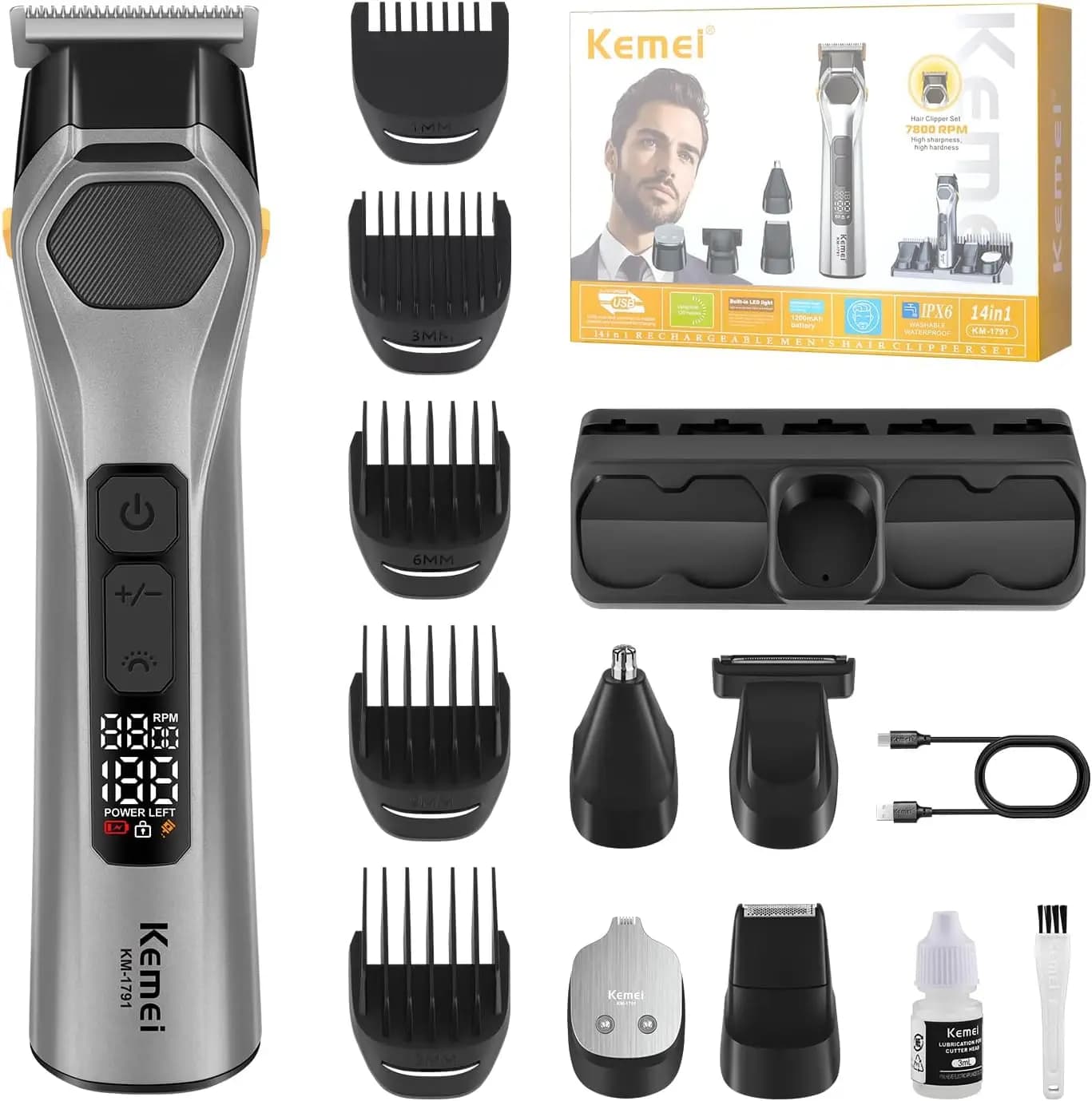 Kit di toelettatura senza fili 5 in 1 per uomo: regolabarba, regolatore naso-orecchie, set per il viso con strumento per baffi e sopracciglia