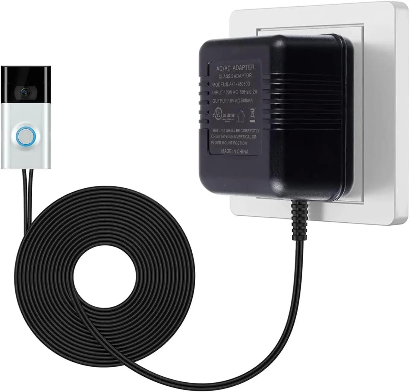 Trasformatore per Campanello AC 18V 500mA, Alimentatore per Campanello Cablato, Compatibile con Video Doorbell Ring 1/2/2 Pro e Termostati