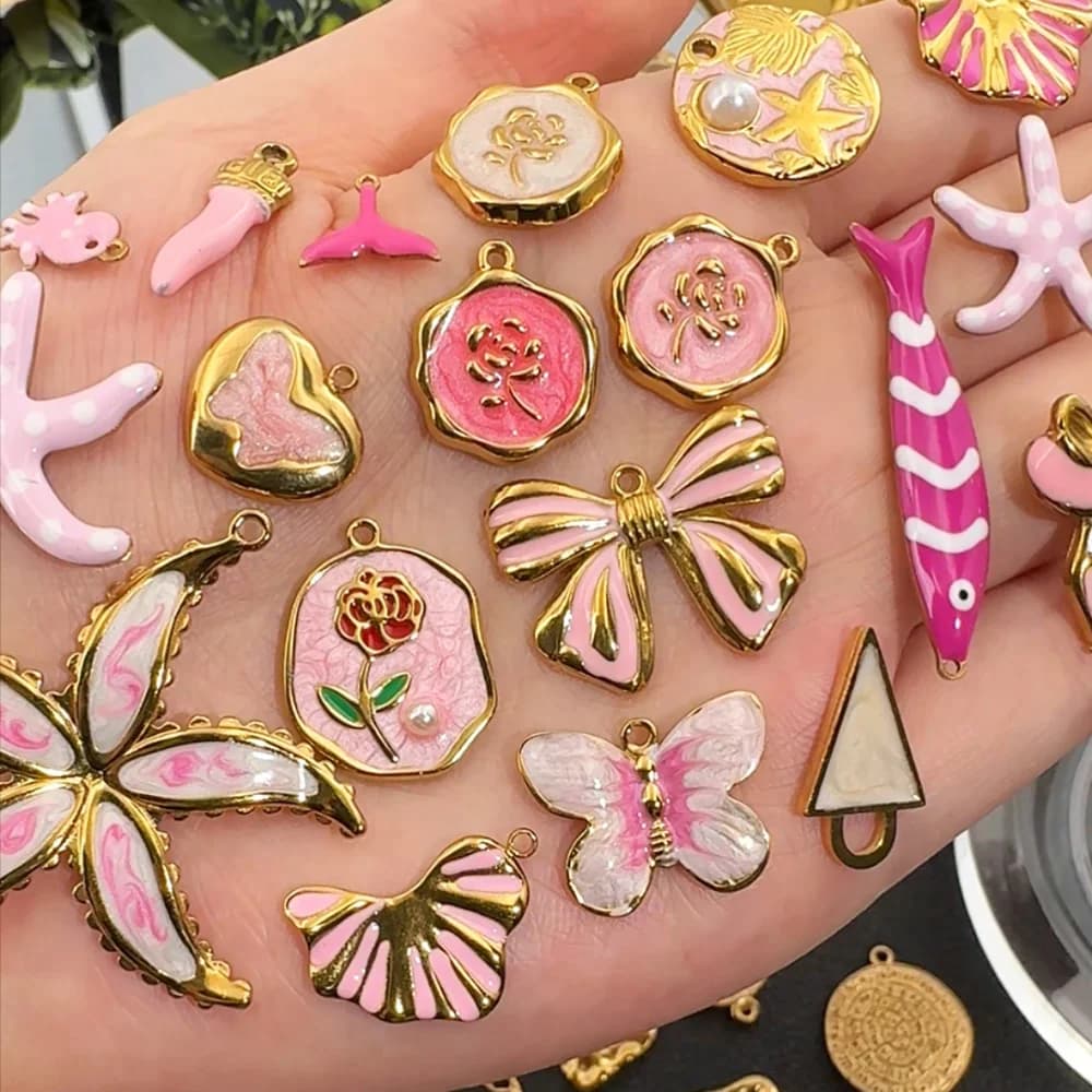 2 pezzi di ciondoli in acciaio inossidabile con smalto rosa delicato, fiore rosa, stella marina, farfalla, ciondolo per collana, orecchini fai da te, creazione di gioielli