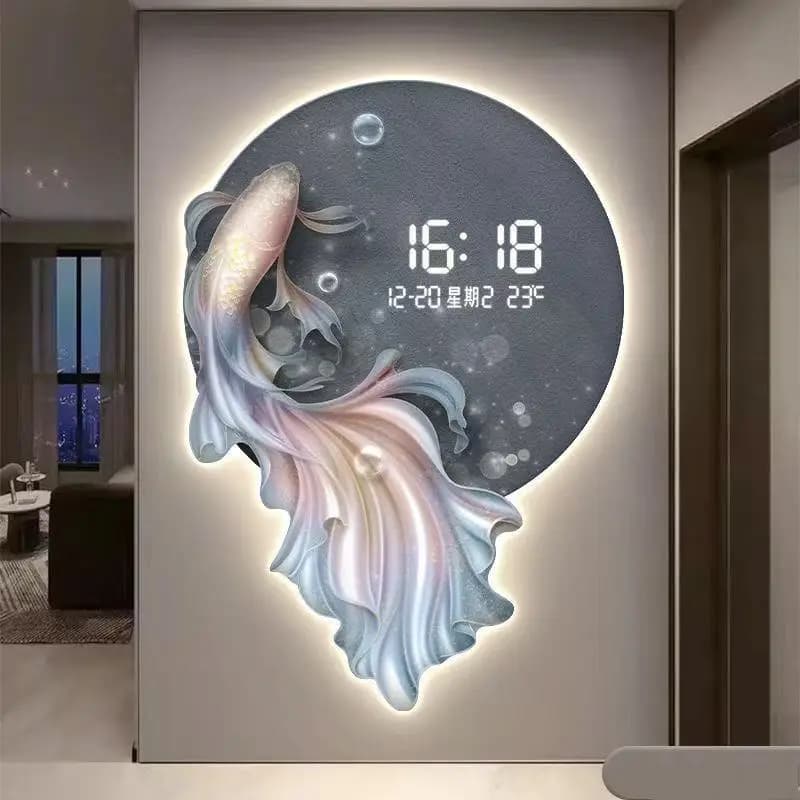 Orologio elettronico da parete, pittura per decorazioni di ristoranti, pesci di Capodanno, luci a LED, orologio da parete, orologio per visione notturna