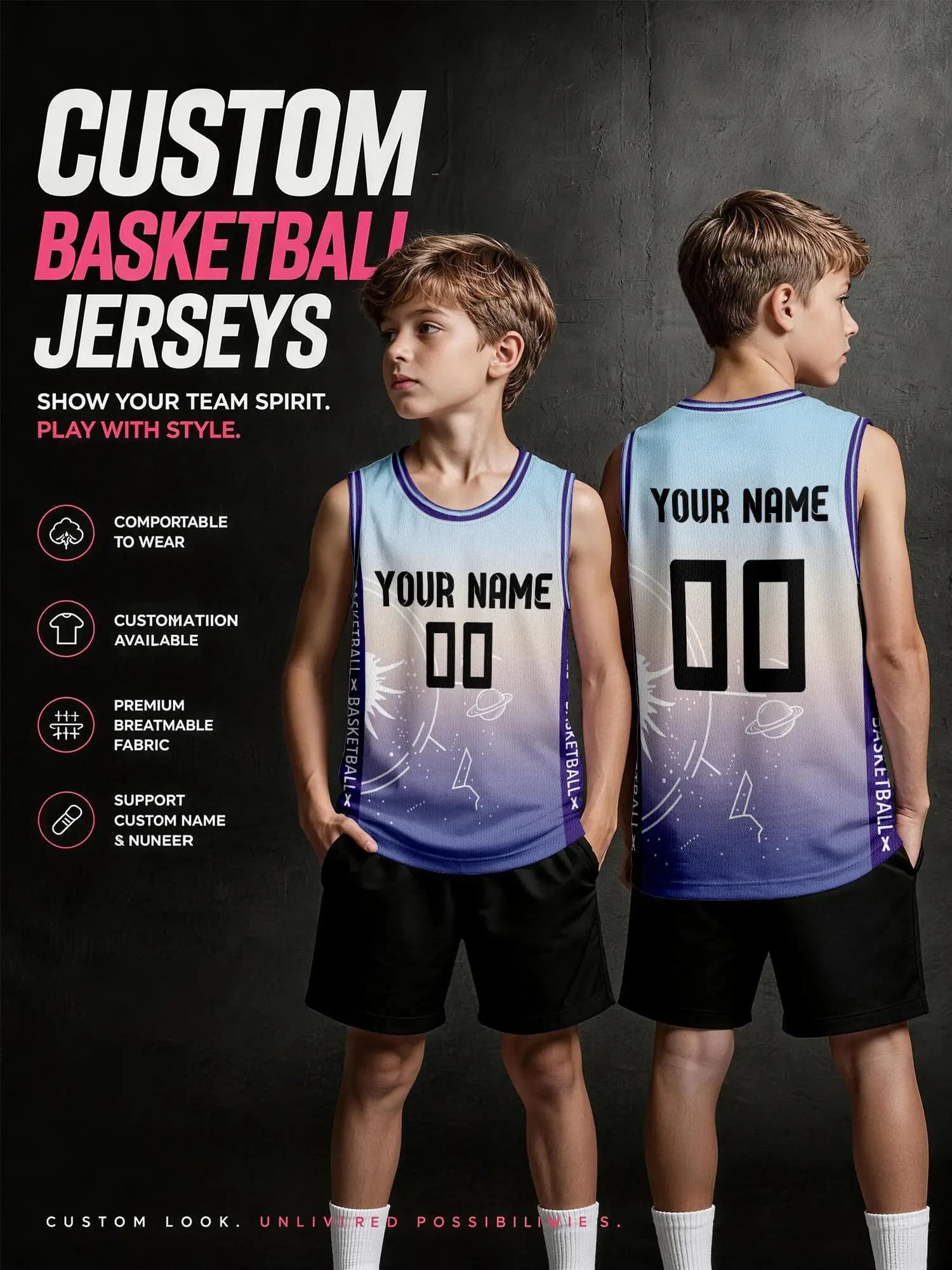 Blue‑purple Galaxy Gradient Print Custom Basketball Jersey, Dreamy Space‑themed Breathable Custom Vest