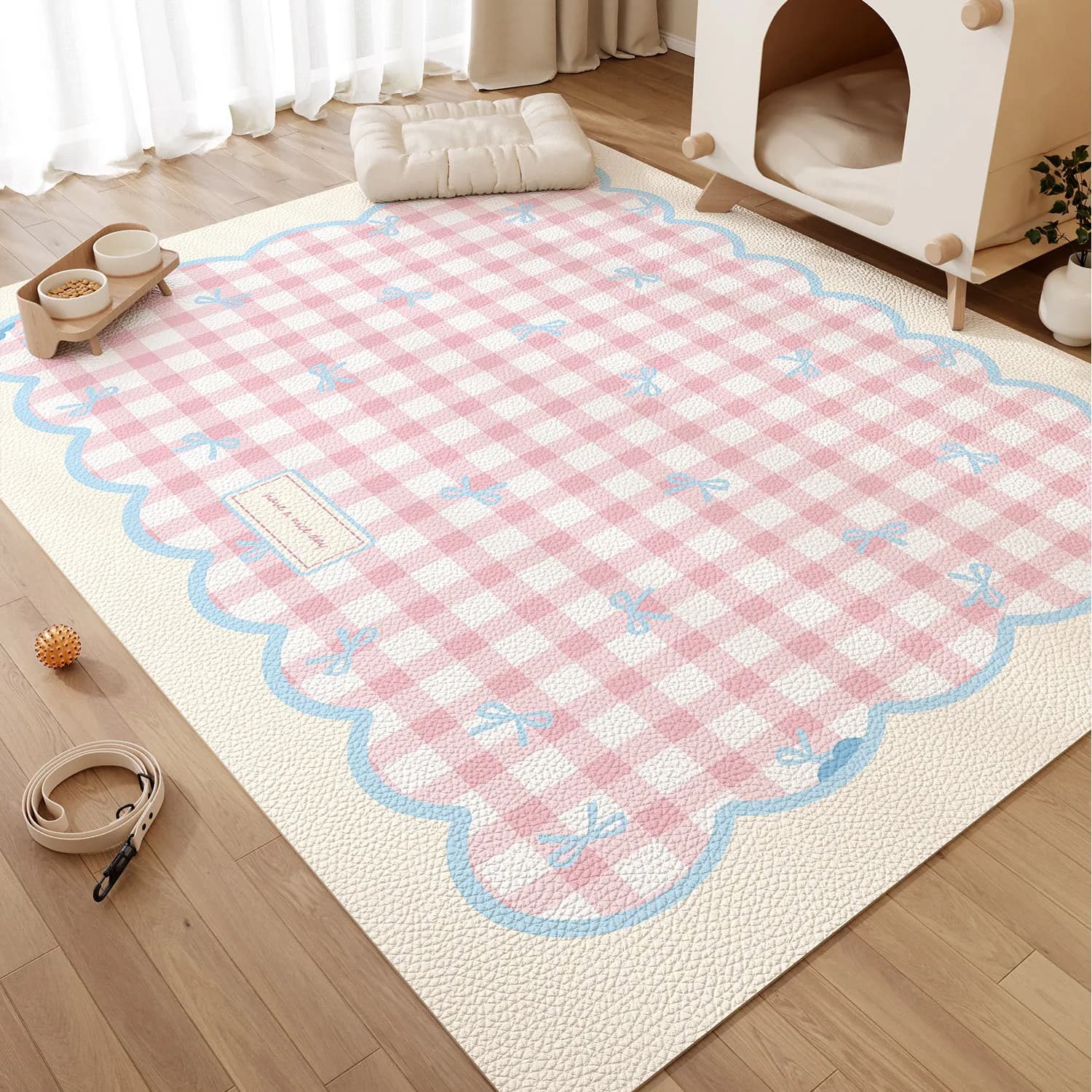 VIKAMA Pink White Plaid Bow Print Pet Mat Non Slip Waterproof Floor Rug for Dog Cat Bed Crate Washable