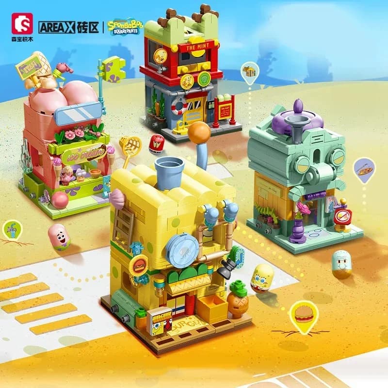Blocchi da Costruzione SpongeBob SquarePants, Scena Urbana a Doppio Strato, Casa dei Hamburger, Gelateria, Galleria d'Arte, Giocattolo Educativo in Mattoncini