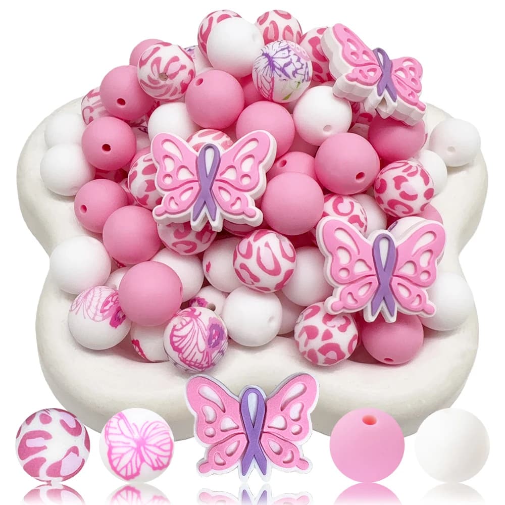 33Pcs Pink Butterfly Shape Silicone Beads Set DIY Beaded Necklace Bracelet Decoration Pen Jewelry Pendant Etc. Holiday Birthday Gift
