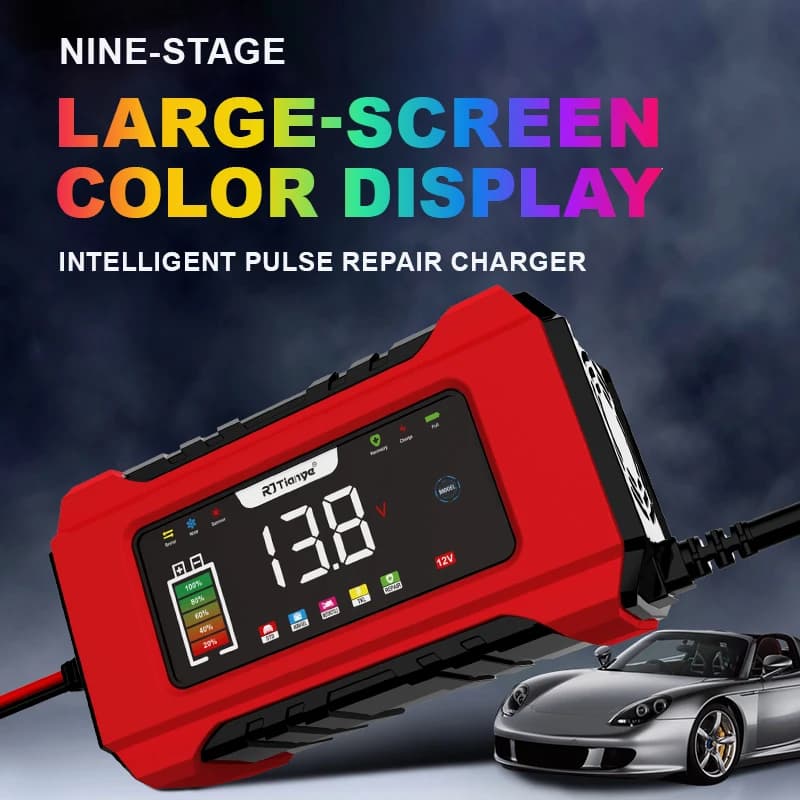 Caricabatterie per Auto 12V 6A, Dispositivo di Ricarica per Batterie Auto e Moto con Schermo Touch, Riparazione Intelligente per Batterie al Piombo-Acido, Display LCD