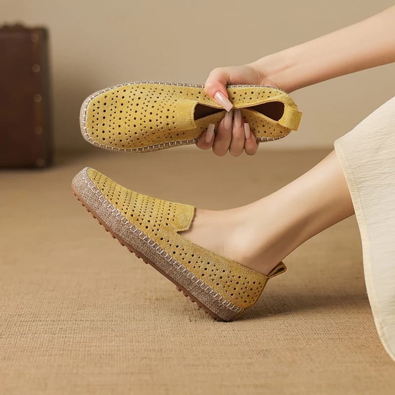 NEW Autumn/Spring Women Loafers Cow Suede Leather Shoes for Women Round Toe Low Heel Shoes Shallow Slip-on Hollow Daily Shoes