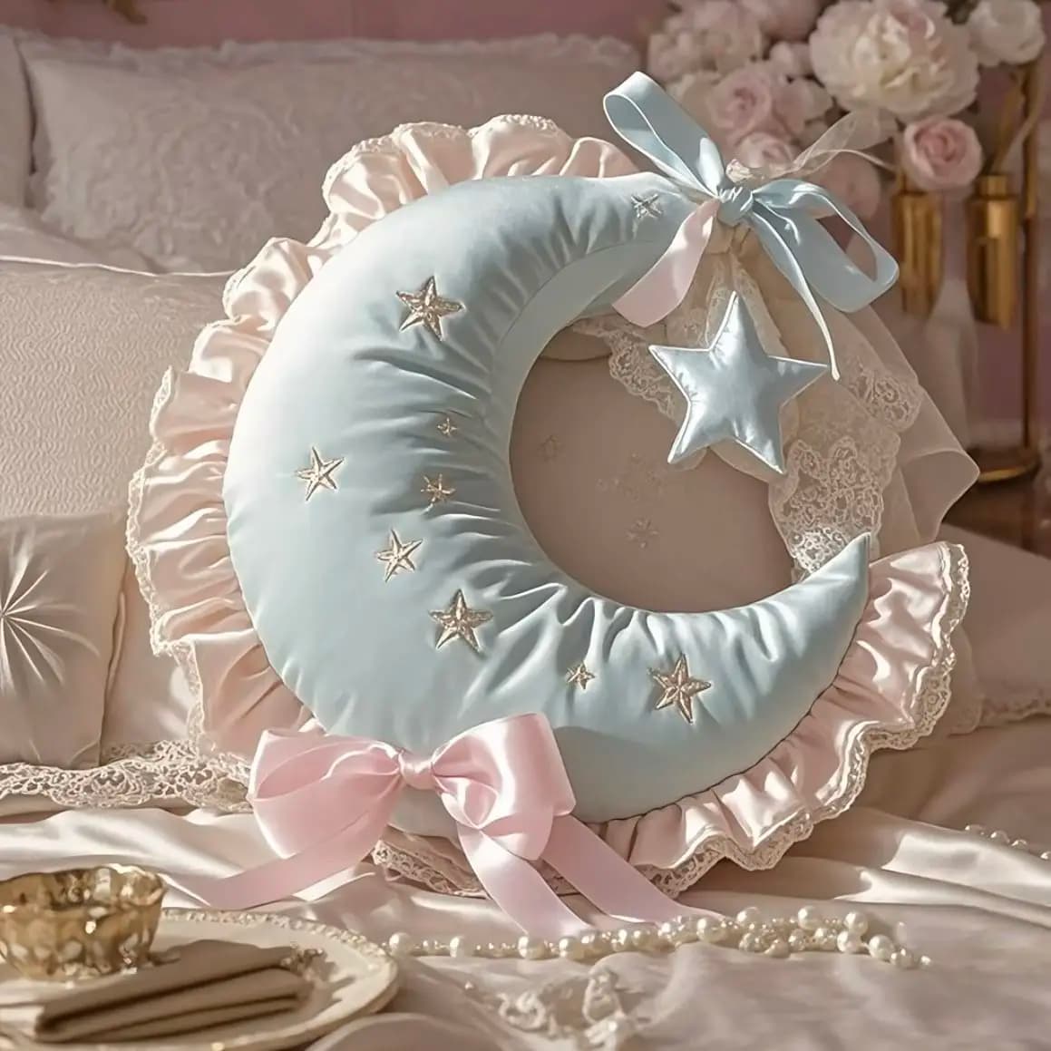 Cuscino creativo Lolita Moon Cuscino decorativo per camera da letto per ragazze Cuscino decorativo per schienale a forma di luna con fiocco in pizzo