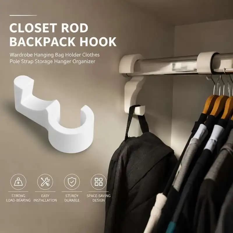 Closet Rod Backpack Hook Wardrobe Hanging Bag Holder Clothes Pole Strap Storage Hanger Organizer