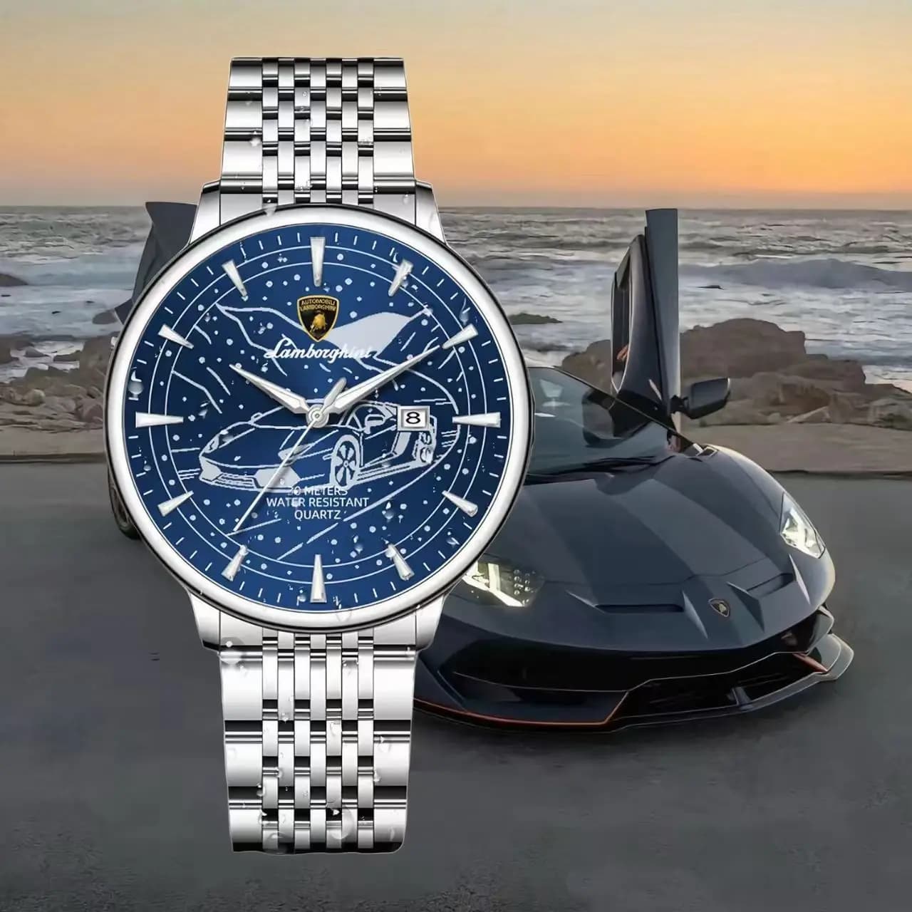 Lamborghini Starry Hot Business Watch Blue Face Supercar Night Light Waterproof Calendar Men's and Women's Quartz Watch