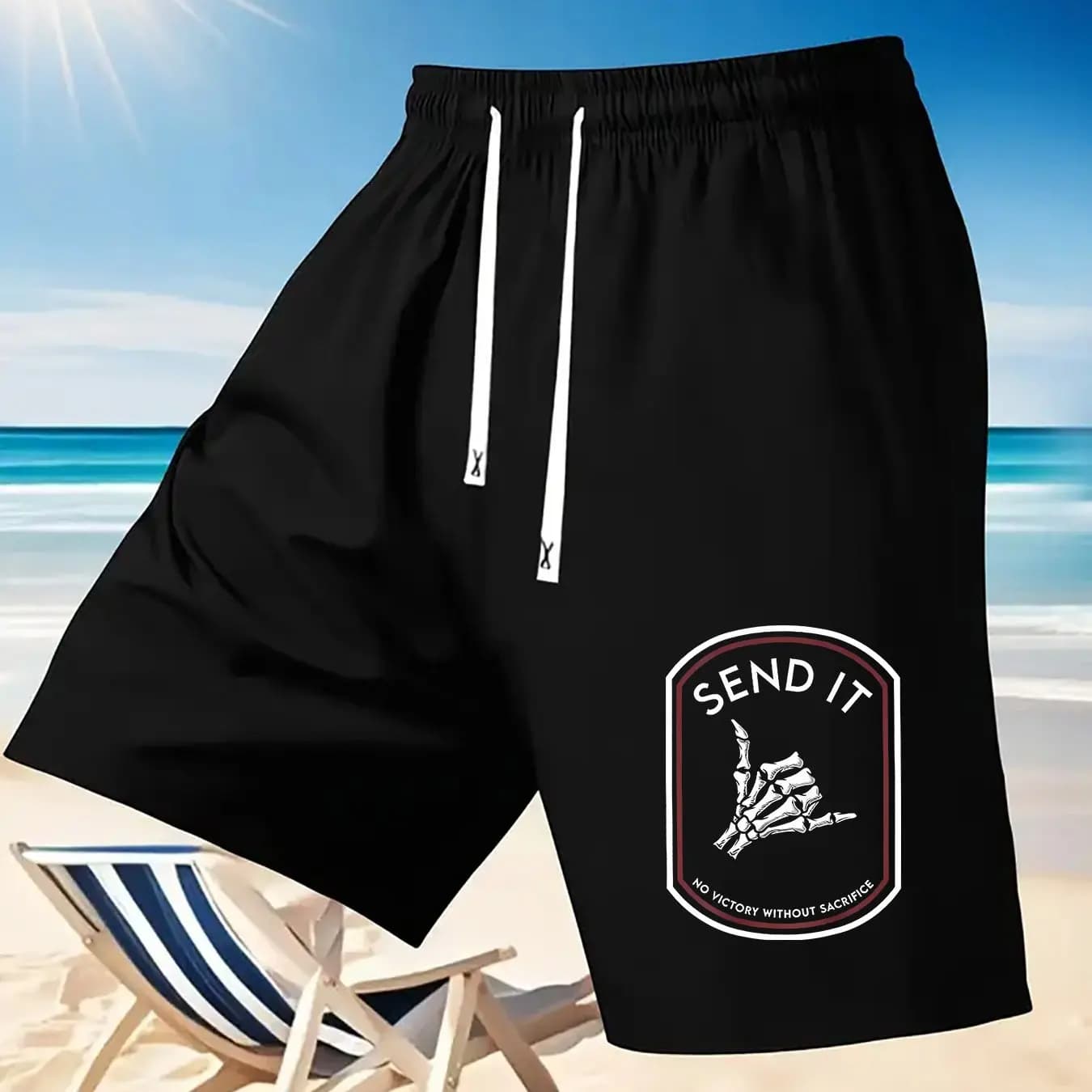 Men's Shorts with Skull Gesture Inspired Logo Print, Featuring Waistband and Pockets, Summer Street Fashion Shorts