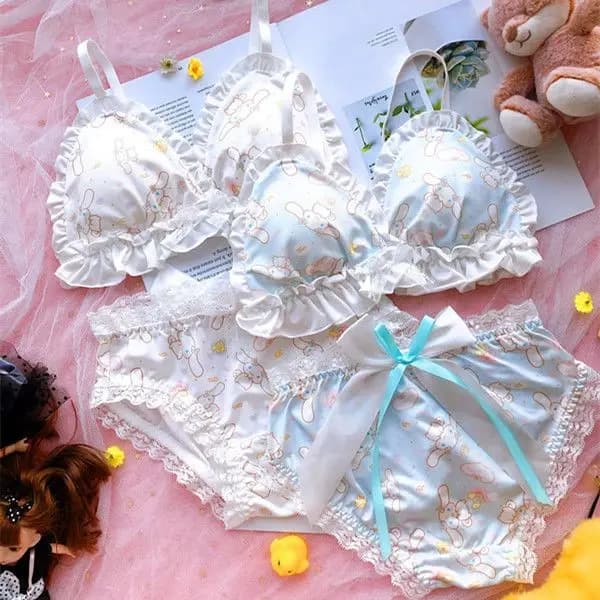 Lingerie da ragazza Sanrio Cinnamoroll modello da donna dolce e carino traspirante fiocco in pizzo che dimagrisce senza ferretto set di copricostume retrattile