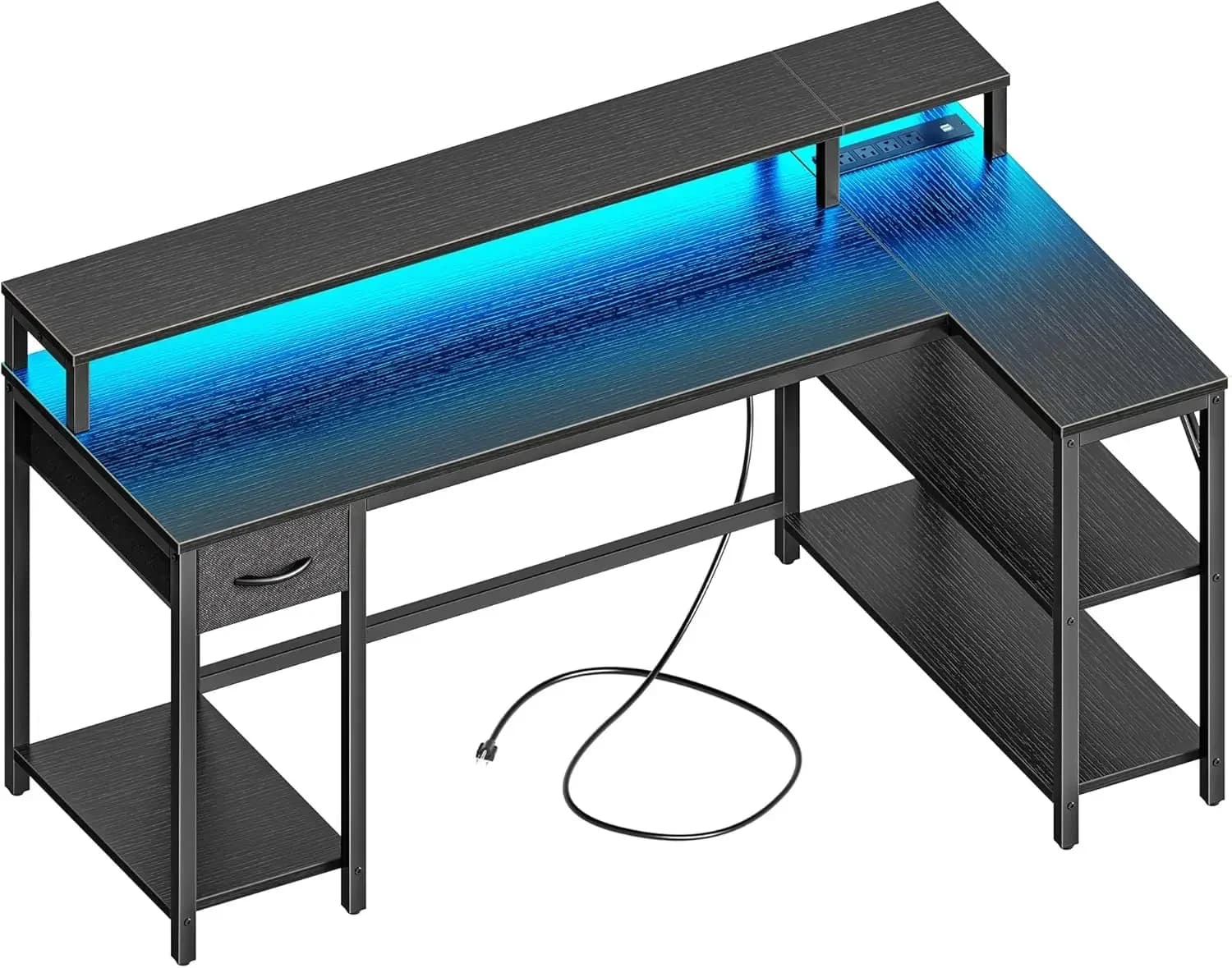 Scrivania da gaming a forma di L da 53 pollici con luci LED e prese di corrente, scrivania per computer reversibile con ripiani e supporto per monitor, scrivania angolare