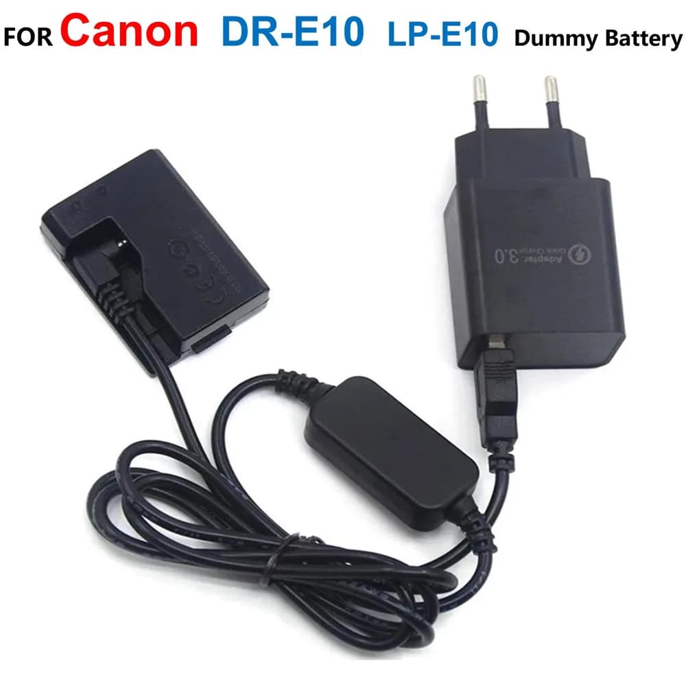 DR-E10 LP-E10 Batteria finta + Adattatore per caricabatterie + Cavo di alimentazione USB per Canon EOS 1200D 1300D 1500D 2000D 3000D X90 X80 X70 X50 T5 T6 T7