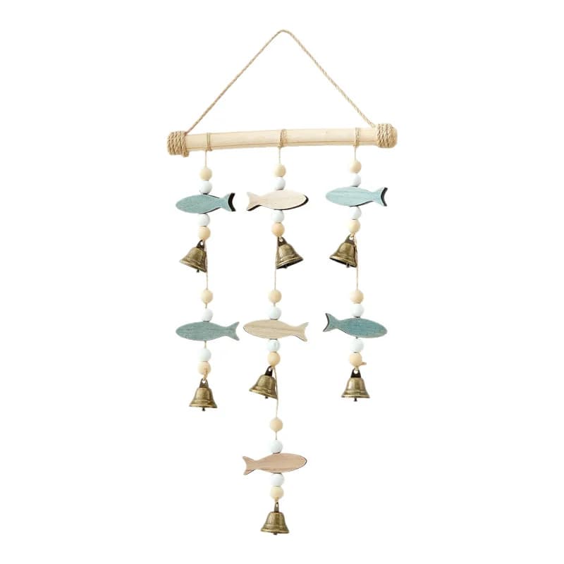 Mediterranean style double-sided fish string bell, wind chime pendant, wall decoration, solid wood hemp rope creative