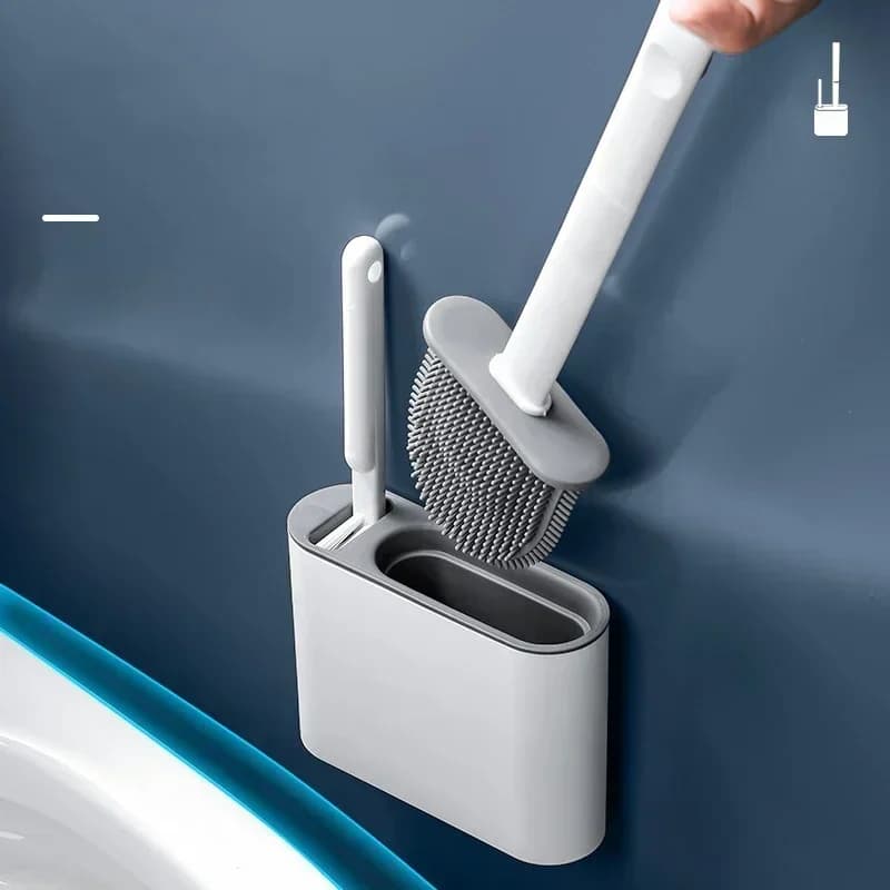 Set di spazzole per WC in silicone con testa piatta flessibile, supporto da parete per la pulizia del WC e porta spazzola per il bagno.