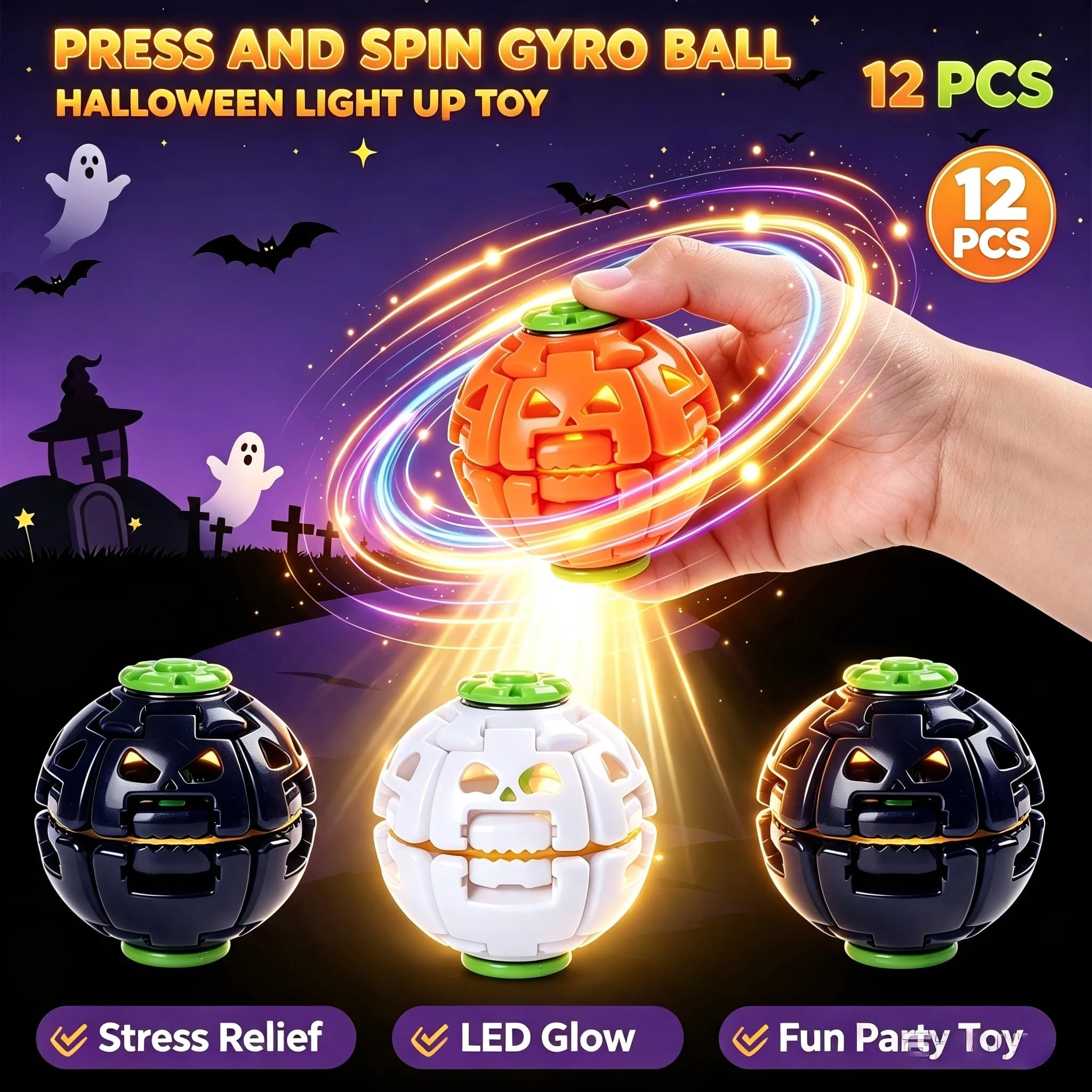 Halloween Pumpkin Press Spin Gyro Ball Light‑up Fidget Spinner Stress Relief Toy Halloween Party Decoration Gift