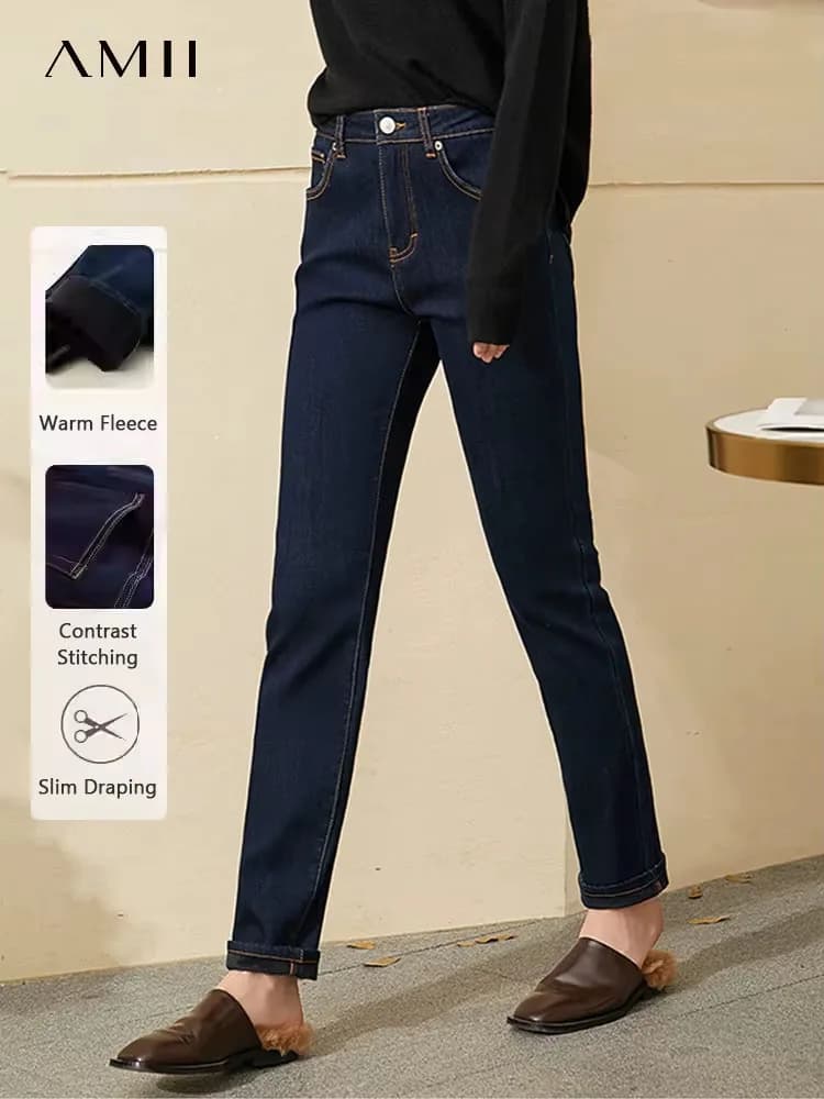 Jeans Minimalisti AMII per Donna Autunno 2025, Slim Fit, Moda Casual, Versatili, in Cotone Leggermente Elasticizzato, Lunghezza alla Caviglia 12514004