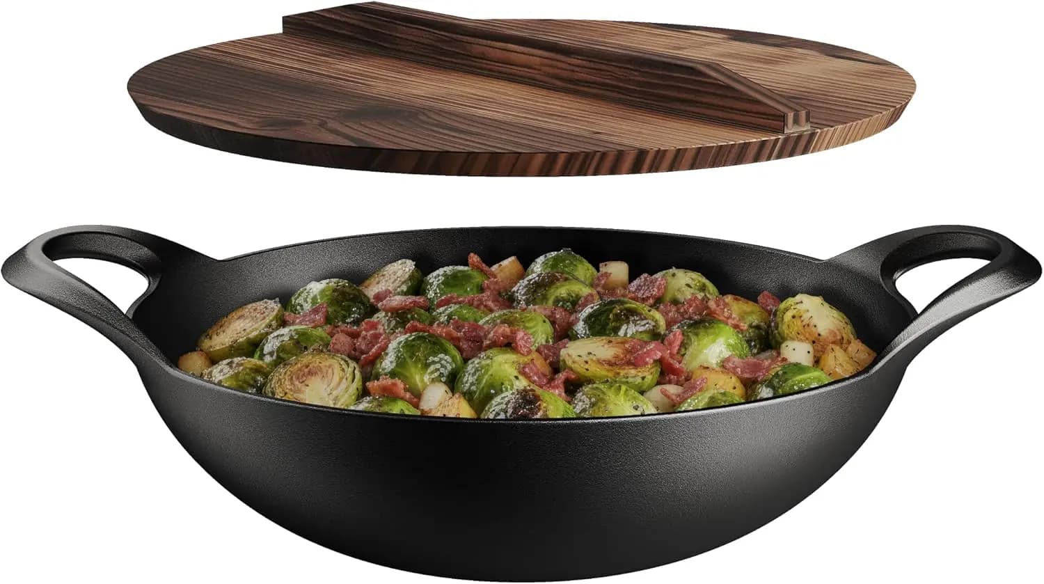 Wok in ghisa pretrattata da 14 pollici con coperchio in legno, padella per stir-fry a fondo piatto per gas, elettrico, induzione e fuoco aperto, manici doppi resistenti, 8,8 libbre.