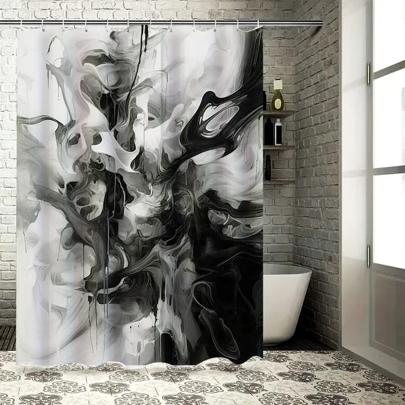 Tenda da doccia astratta bianca nera Decorazione da bagno impermeabile Design con stampa 3D per rivestimento vasca da bagno (84x72 pollici)
