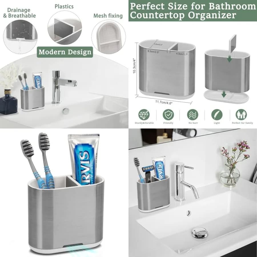 Portaspazzolino e Portadentifricio con Divisorio per Organizzazione del Bagno, 2 Scomparti per Spazzolini Elettrici