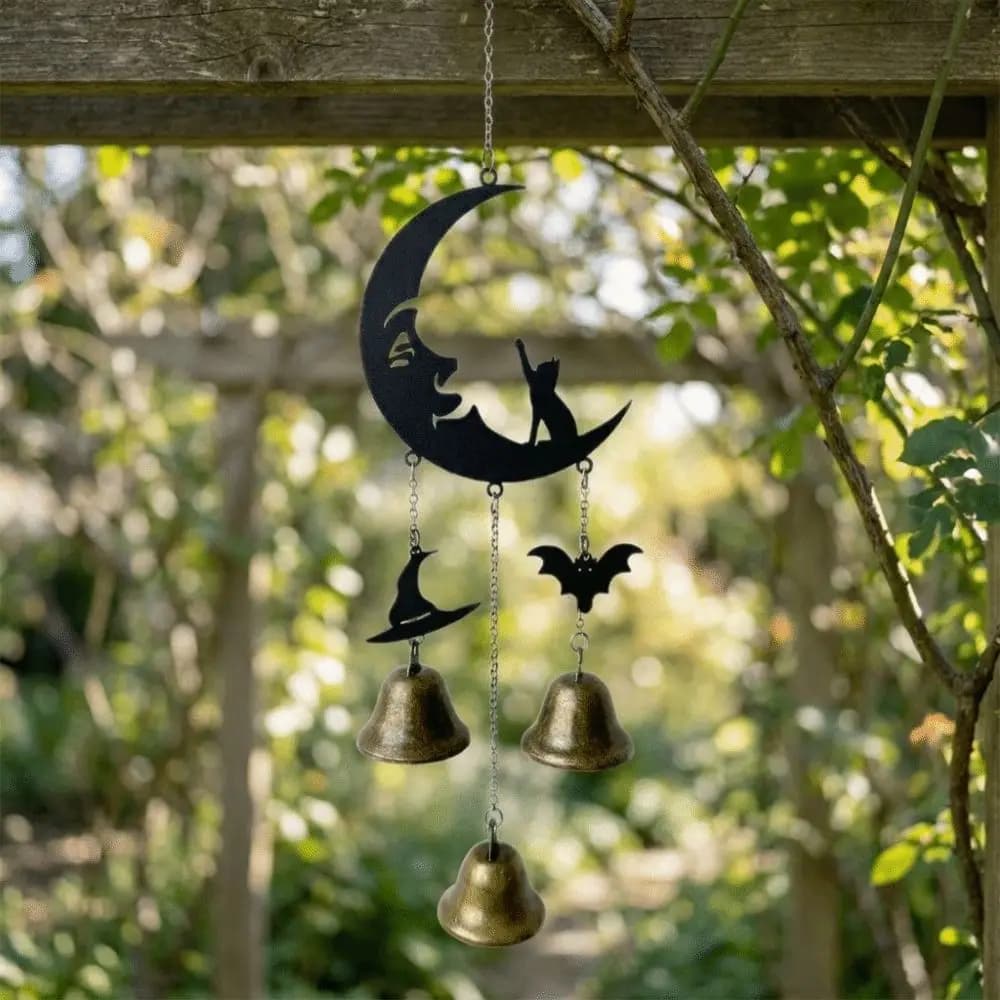 Creative Retro Halloween Moon Wind Chime Decorative Durable Black Cat Wind Chimes Witch Hat Hanging Bell Ornament Patio