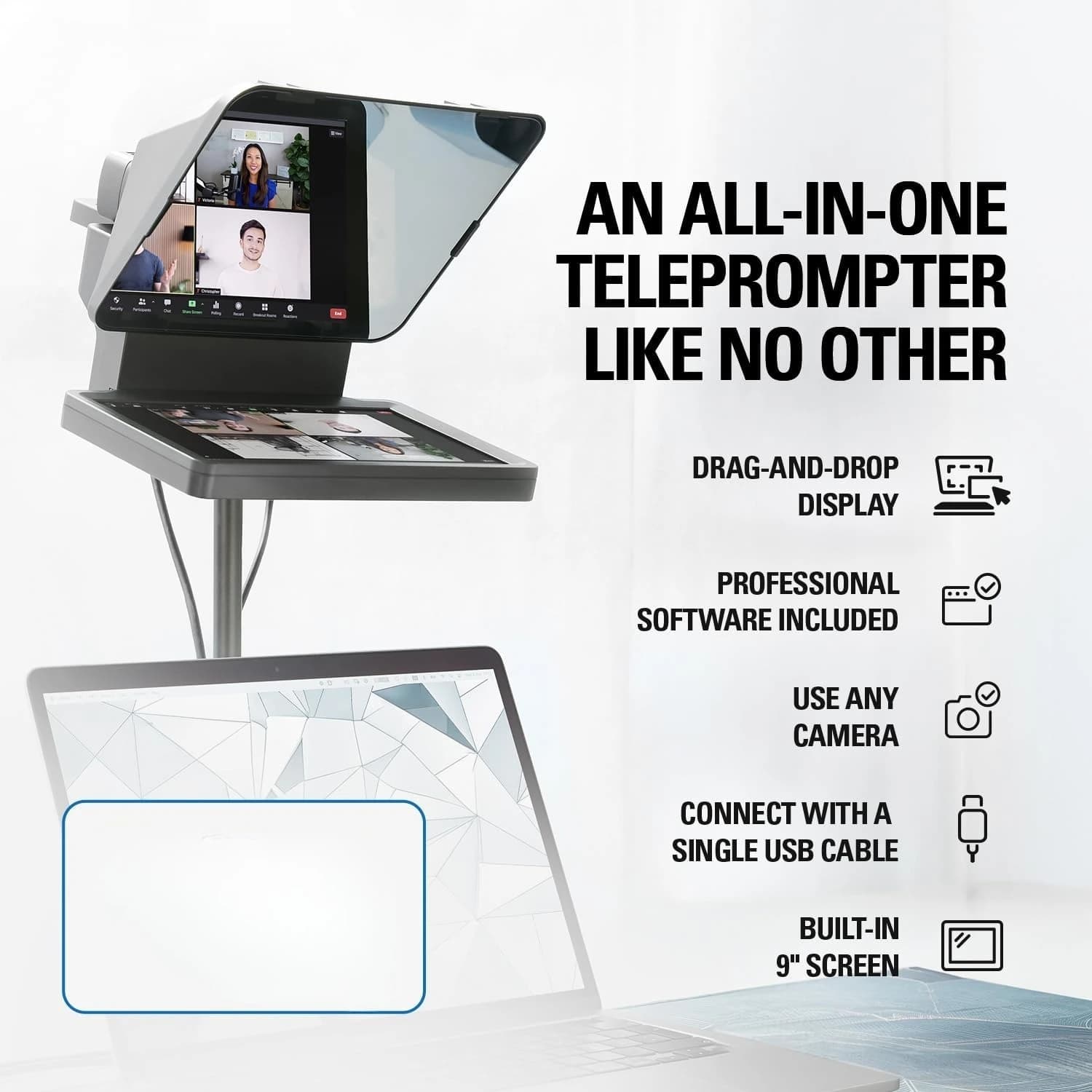 Teleprompter with integrated screen, supports DSLR/Webcam/Smartphone, Drag & Drop monitor