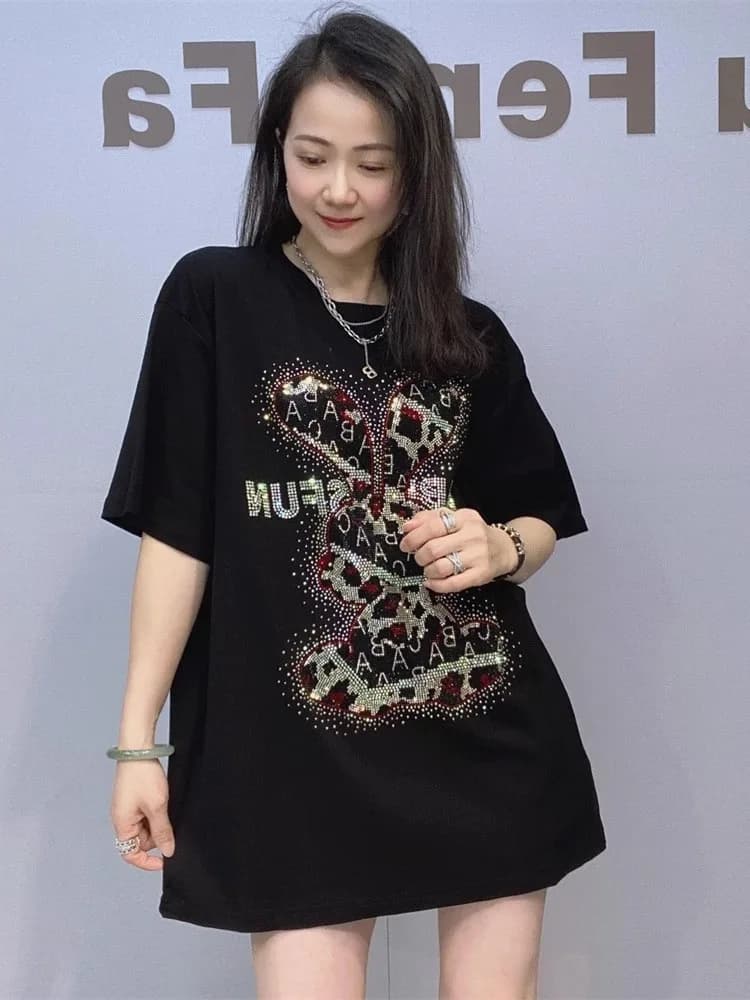 Heavy-Embroidery round Neck Short Sleeve T-Shirt Women Summer Casual Loose Fit Cotton Moisture-Wicking Mid-Length Top