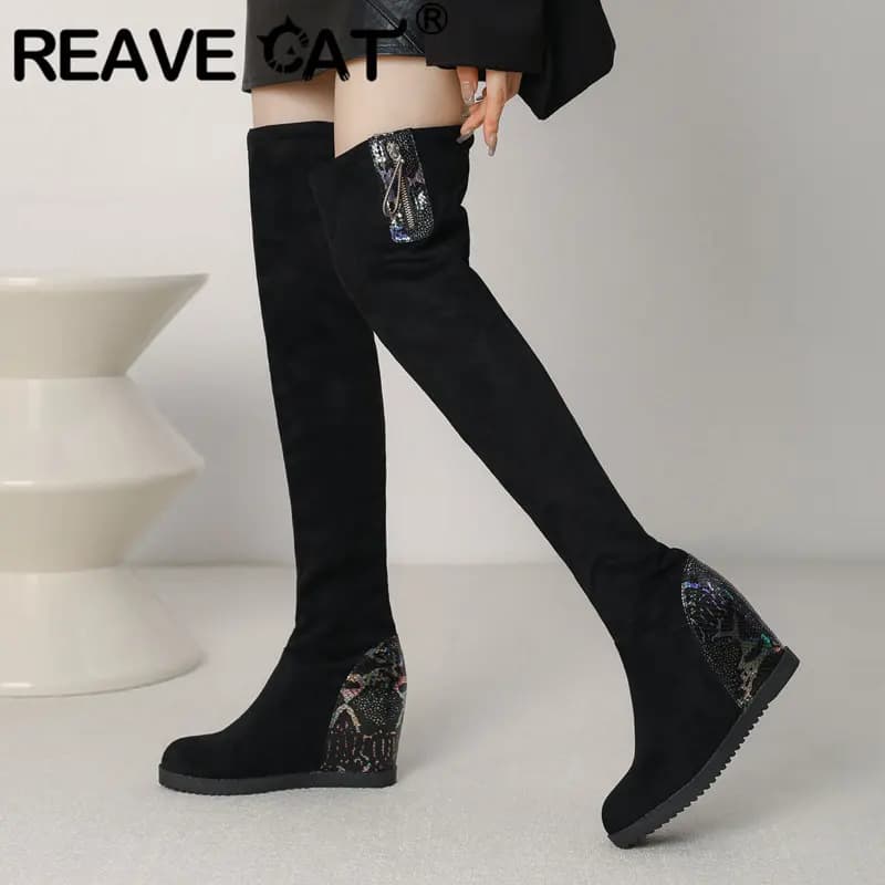 REAVE CAT Fashion Thigh Boots Mixed Color Casula Daily Long Booties Spring autumn Sale Women Round Toe Wedges 2cm Size 42 43