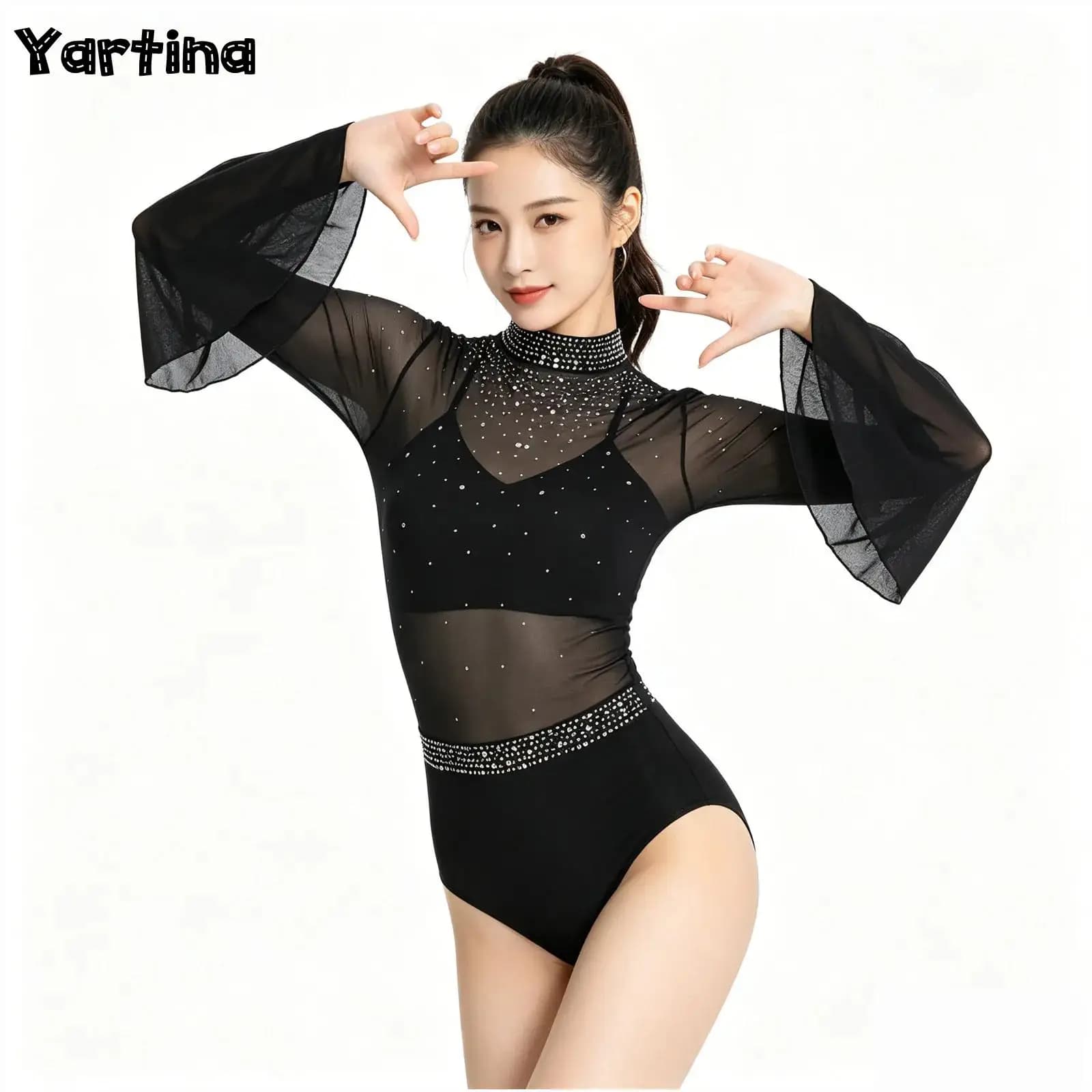 Tuta da donna in jersey da balletto per ginnastica con strass scintillanti, costume da ballo artistico per pattinaggio di figura, body in rete trasparente