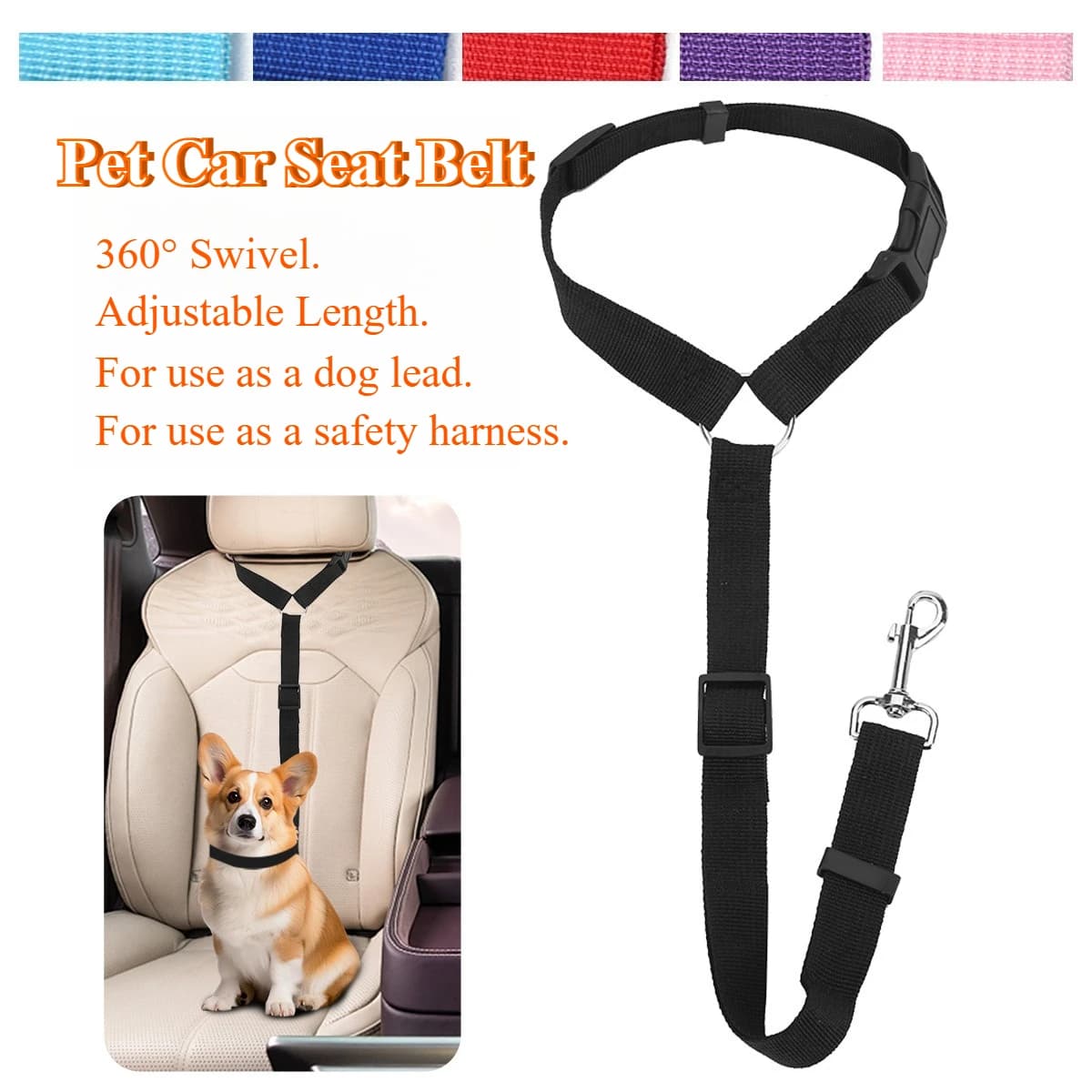 2-in-1 Adjustable Pet Car Seat Belt, Nylon Dog Leash & Harness, Travel Safety Belt for Dogs Cats, Backseat Car Accessories