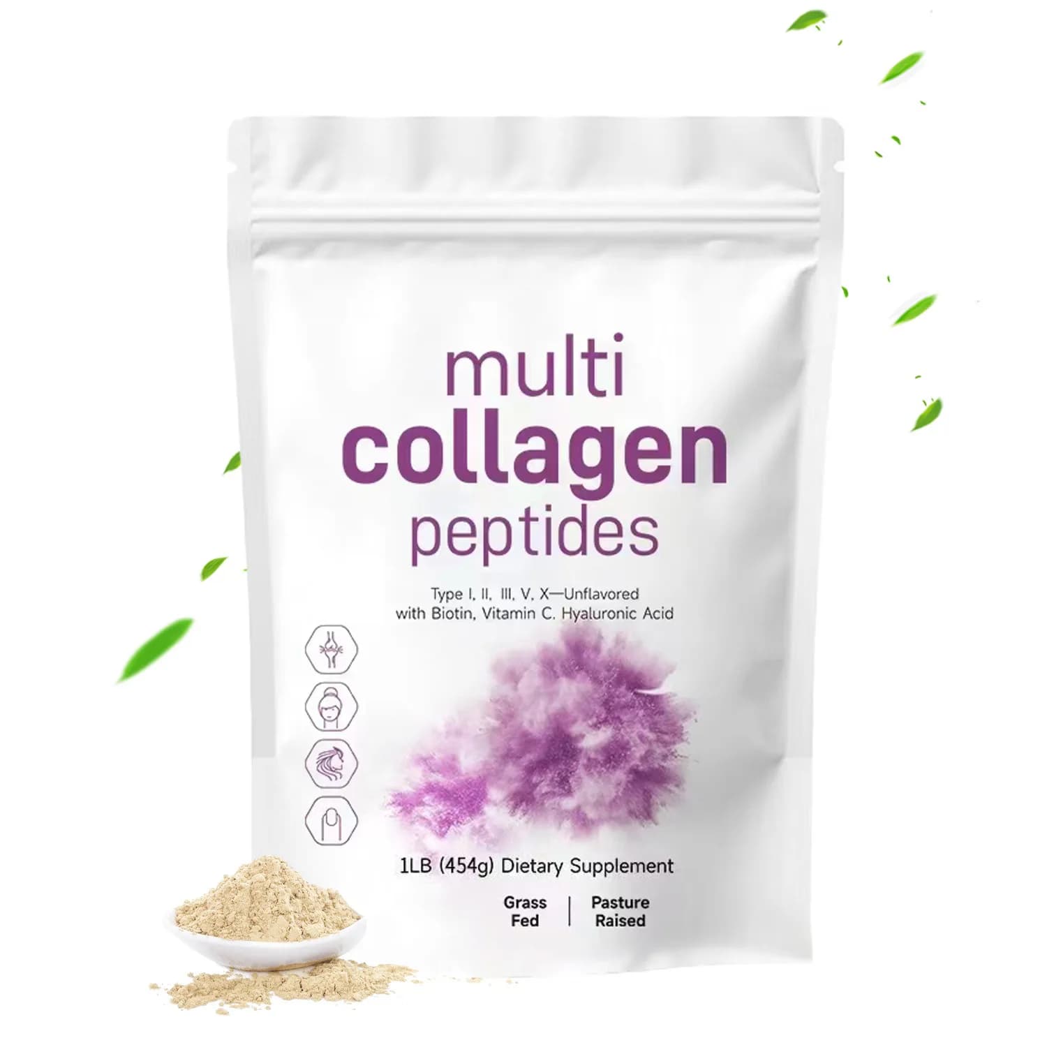 Protein supplement in multi-peptide collagen powder, type I, II, III, V, X with hyaluronic acid, vitamin C, easily mixes drinks