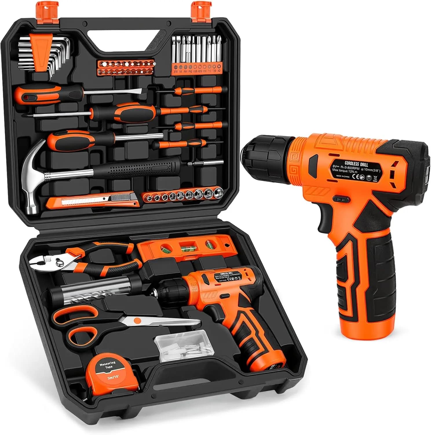 Set di Attrezzi da 139 Pezzi con Trapano Cordless 8V, Kit di Riparazione Domestica in Valigetta
