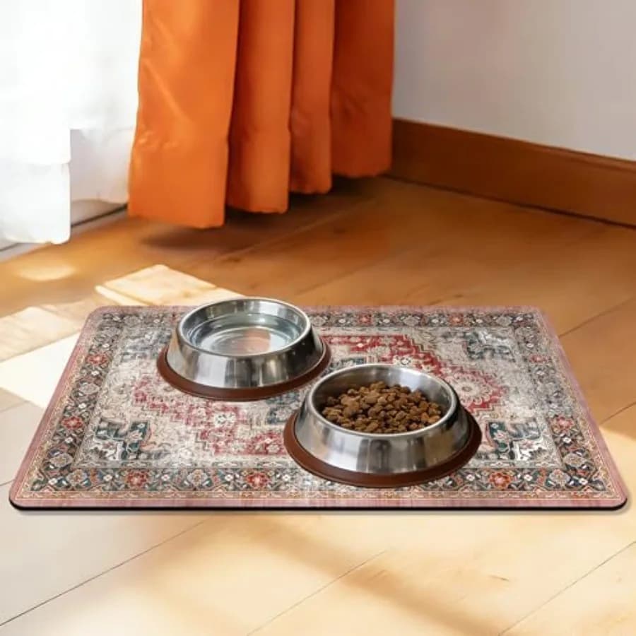 Pet Feeding Mat, Non-Slip Absorbent Dog Food Mat with Rubber Backing, Quick-Dry Floor Mat for Dog and Cat Water Bowls, 12x20 In
