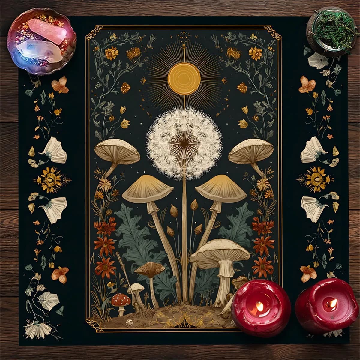 Tappetino per divinazione in tessuto per tarocchi della foresta mistica con tovaglia da altare con motivo a fungo e sole di tarocchi di tarocchi Oracle
