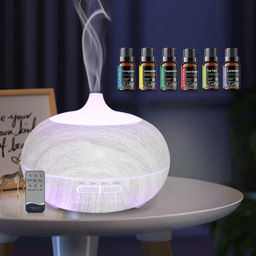 Wood Grain Aromatherapy Diffuser 550ml Remote Control, 6 Essential Oils, 7 Color Changing LED Night Light for Home Office
