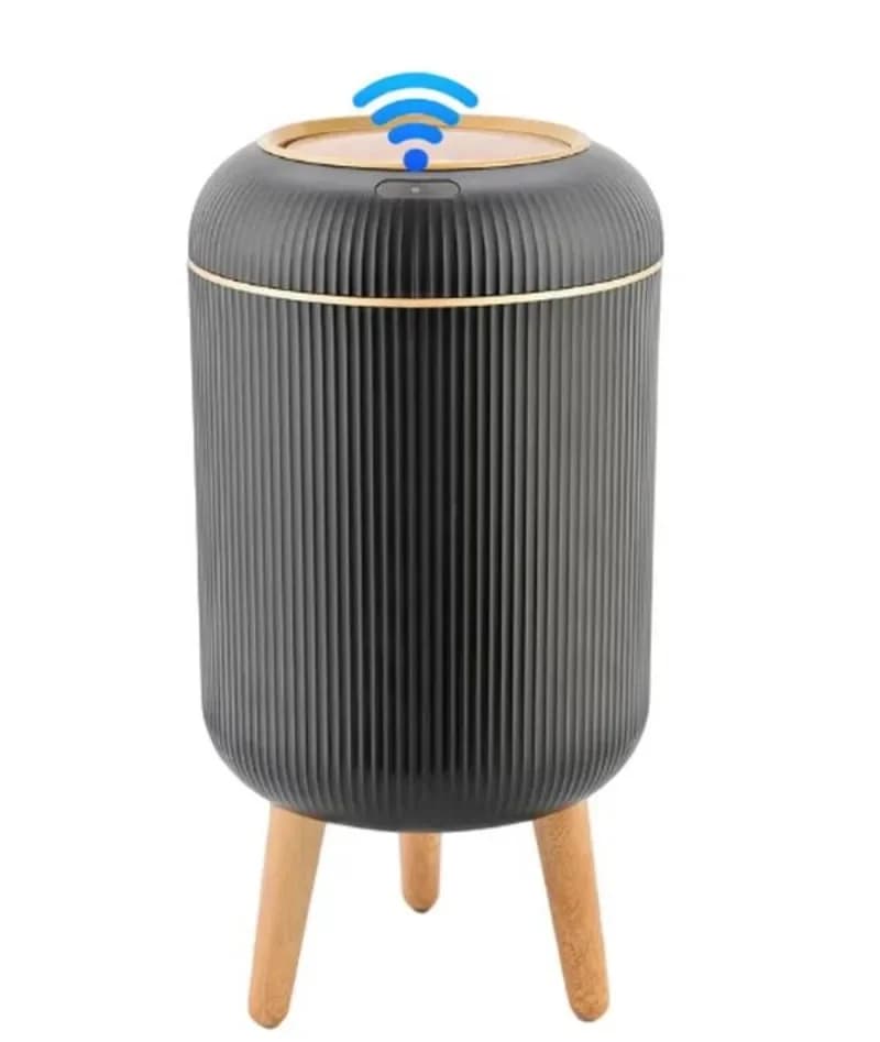 Automatic Motion Sensor Trash Can with Wooden Legs, Vertical Striped Touchless Smart Garbage Bin, Waterproof Waste Bin for Bedroom Bathroom Living Room Office